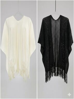 The Skyline Collection Women's Ivory and Black Fringed Open Front Shawl Sweater